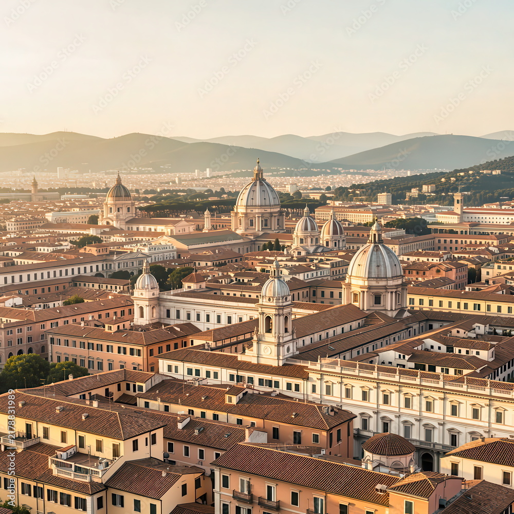 Fototapeta premium Golden Hour View of Historic Rome with Domed Architecture