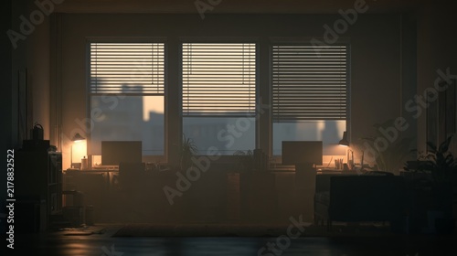 Dim office space with workstations, greenery, and lit lamps
