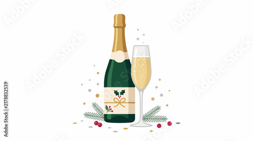 Holiday Cheers: A festive bottle of champagne and a sparkling flute glass, adorned with holly and berries, ready to toast the holiday season and create joyful memories.