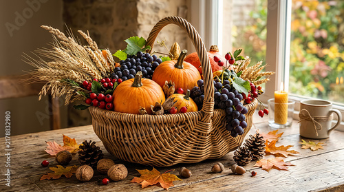 A rustic wicker basket filled with fresh pumpkins grapes and autumn leaves sitting on a kitchen counter near window