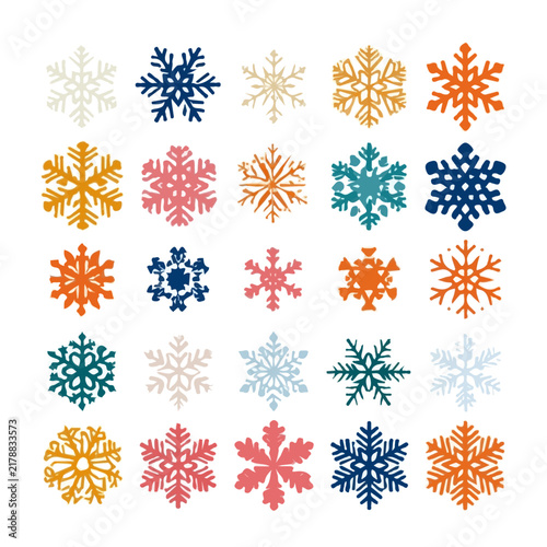 Flat 2D illustration of Christmas Snowflakes, clean vector illustration style, isolated on a white background.