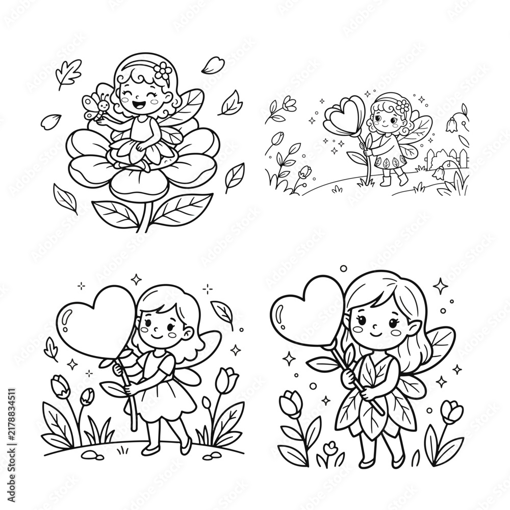 Fototapeta premium Floral ornament depicting four whimsical fairies with heart shapes presented as a black and white vector illustration