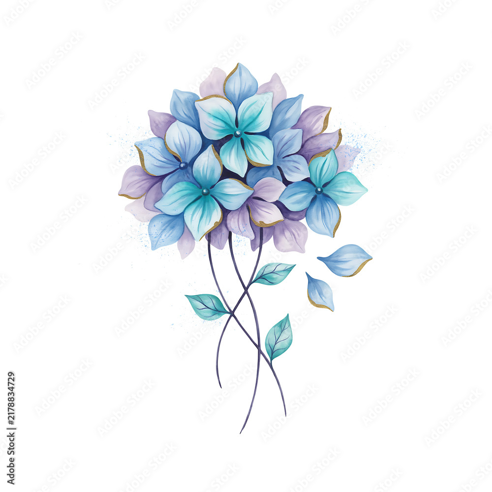 Obraz premium Watercolor hydrangea flower bouquet with blue and purple petals isolated on a transparent background