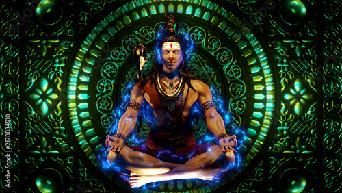 Canvas Print Meditating Shiva figure centered before an ornate green sacred mandala, creating