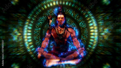 Canvastavla Meditating Shiva figure seated before an ornate green mandala with luminous symm