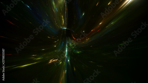 Foto Dark green and blue warp tunnel with bright orange highlights along a curved cen