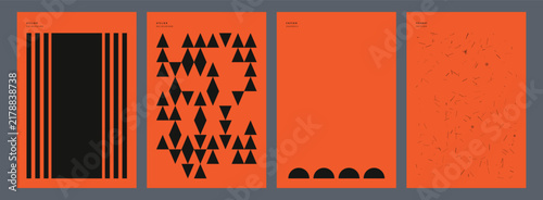 Set of Four Minimalist Geometric Abstract Art Posters Featuring Bold Black Shapes on Vibrant Orange Backgrounds for Modern Wall Decoration