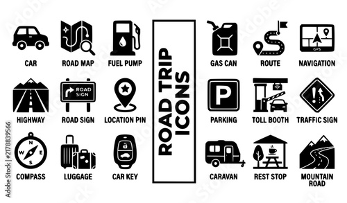 Road Trip Icons — Car, Map, Fuel, Road | Vector Black Icons