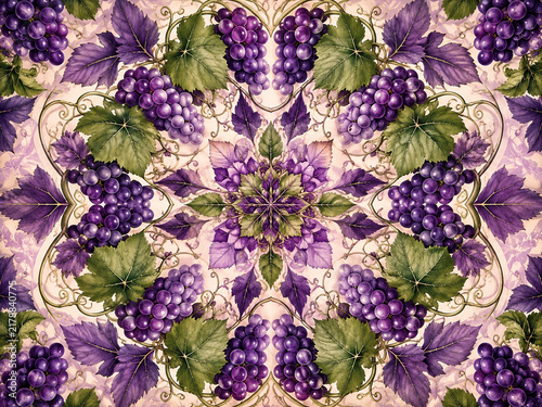 Symmetrical kaleidoscope pattern featuring ripe purple grapes and green vine leaves in a richly detailed botanical composition.