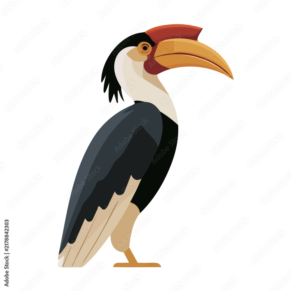 Obraz premium Hornbill, flat 2D illustration, minimal modern design, clean shapes, isolated on a white background.