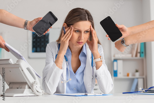 Healthcare burnout and medical professional stress, exhausted doctor overwhel...