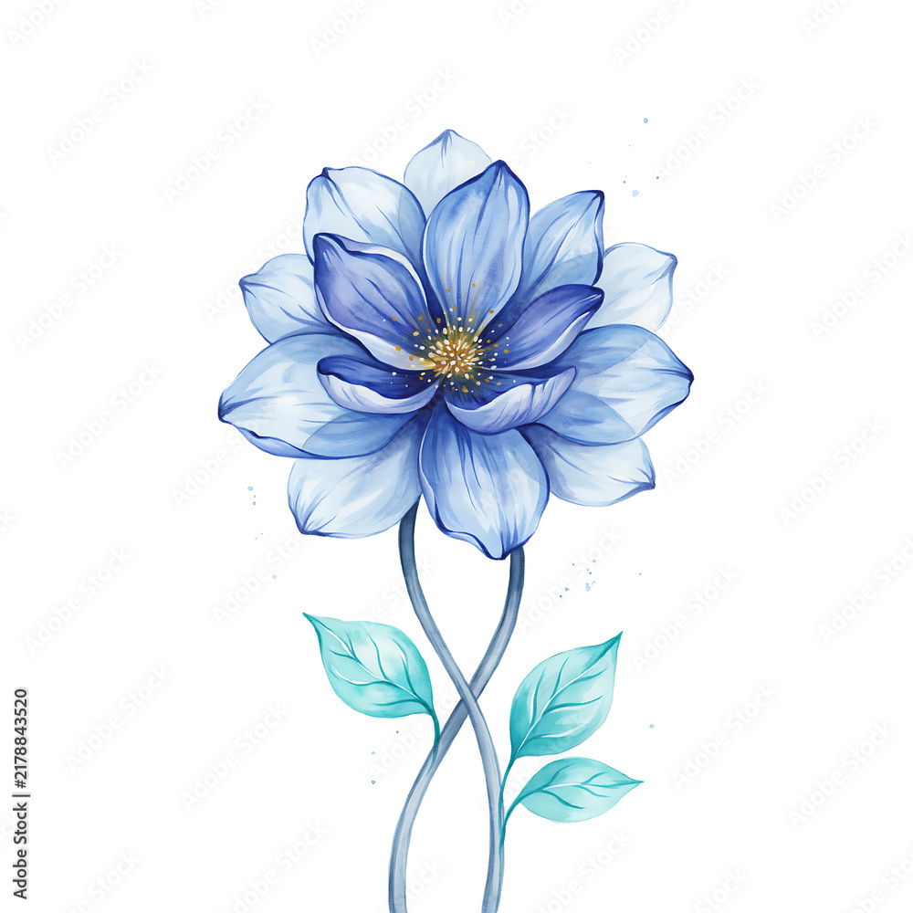 Obraz premium Blue dahlia flower with intertwined stems and light teal leaves isolated on a transparent background