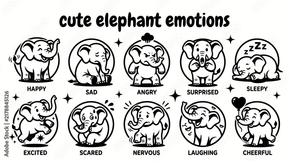 Fototapeta premium elephant emotions featuring happy sad angry surprised sleepy excited scared nervous laughing and cheerful set for children emotion education stickers social media messaging animal characters