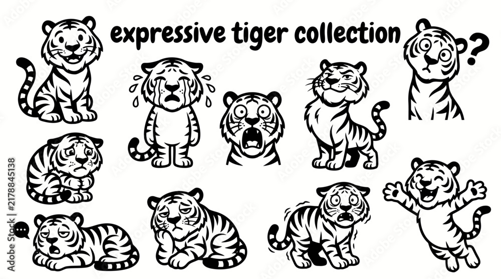 Obraz premium expressive tiger featuring smiling crying confused worried shocked proud bored scared and cheerful animal expressions or emotion concepts children education communication stickers emojis messaging app