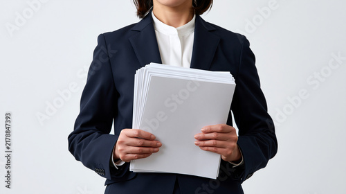 書類を持つスーツ姿の日本人女性