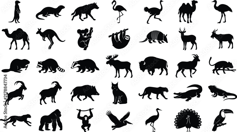 Obraz premium Wild african animals silhouettes collection for conservation and africa travel design elements
