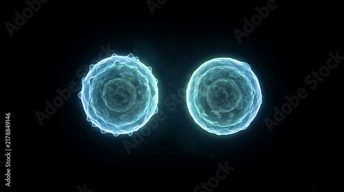 Two glowing microscopic cells or pathogens under dark background