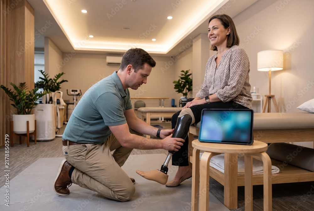 Fototapeta premium Prosthetist Adjusting Leg Prosthesis with AI Analysis Tablet in Clinic