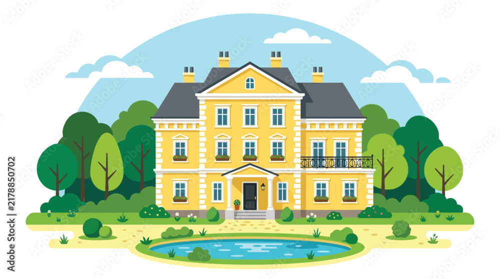 Naklejka premium Grand yellow mansion featuring intricate architectural details and multiple windows presented in a flat vector style