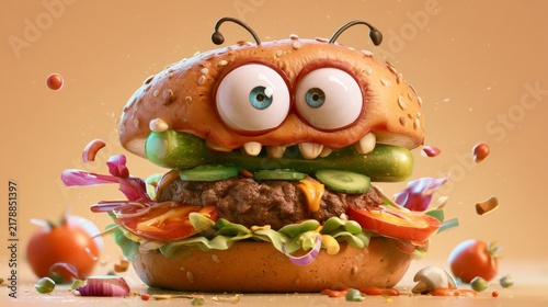 Cute cartoon burger character with wide eyes on an orange background, playful fast food illustration, Halloween theme.