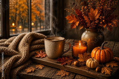 Warm autumn home entrance decorated with pumpkins, fall wreath, orange flowers, glowing lanterns and fallen leaves. Cozy seasonal front porch scene with welcoming fall atmosphere.