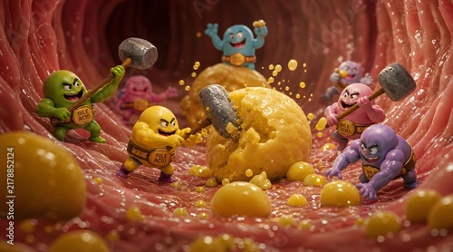 Cartoon Bile Molecules Breaking Down Fat Spheres
