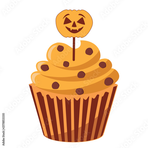 Halloween Pumpkin Cupcake with Chocolate Chips and Jack O'Lantern Topper