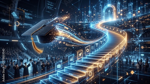 A conceptual illustration of a graduation cap flying up a digital staircase towards a futuristic city skyline.
