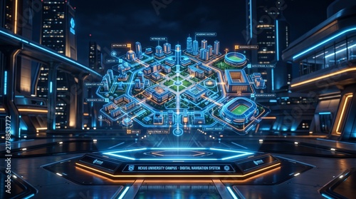 Futuristic smart city digital twin interface with holographic projection in a high tech urban environment.
