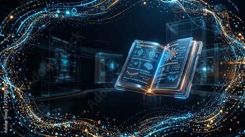 A futuristic glowing digital book floating in a virtual reality environment with data visualizations.