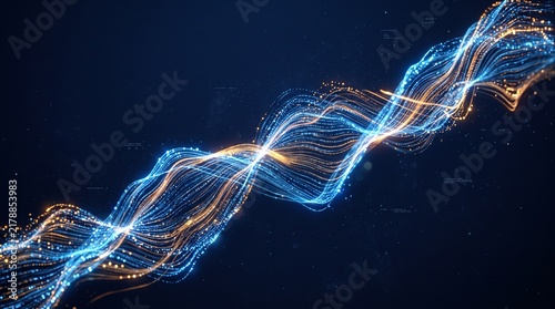 Abstract background featuring glowing blue and orange flowing light waves in dark space.