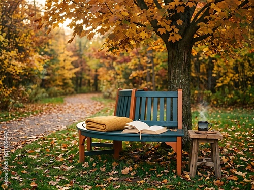 Cozy autumn park scene with an open book and hot steaming cup on a bench