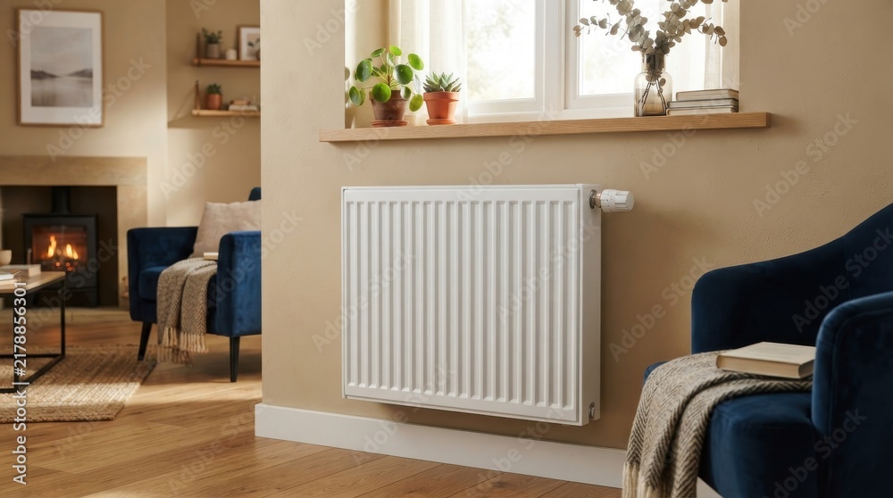 Obraz premium Modern white radiator mounted on a beige wall in a cozy living room interior