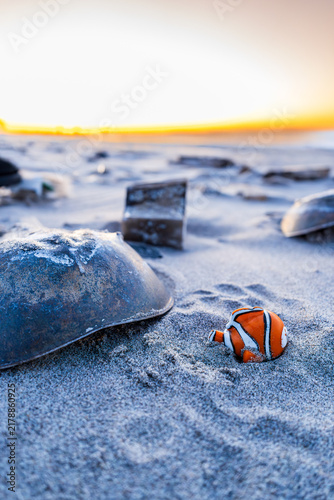 Konstfotografi Colorful fish toy on sandy beach with shells and sunset in background