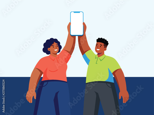 Happy people high-fiving with smartphone