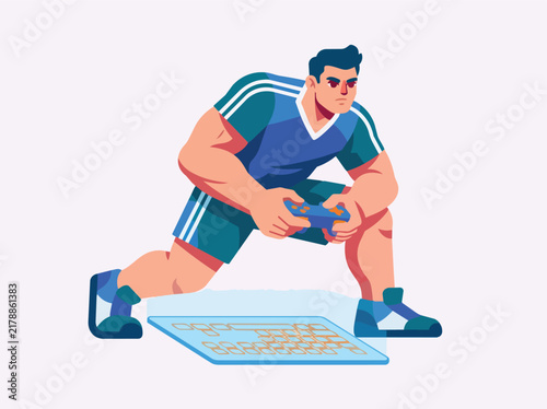 Man playing video game crouching intensely