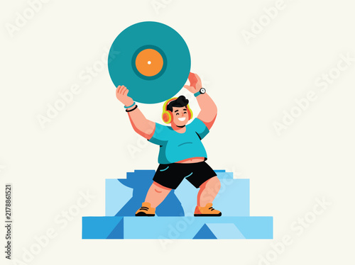 Strong man lifting weight on podium