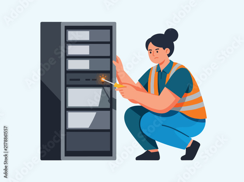Technician checking server rack power supply