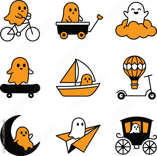 Cute Ghost Character Icon Set Transporting in Orange and Black