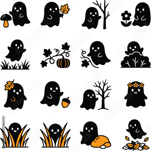 Cute Ghost Icon Set with Autumn Leaves and Halloween Nature Elements
