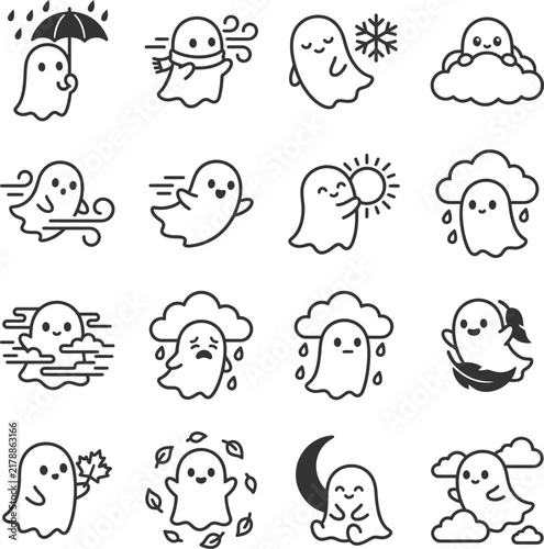 Cute ghost weather icons set showing different forecast conditions