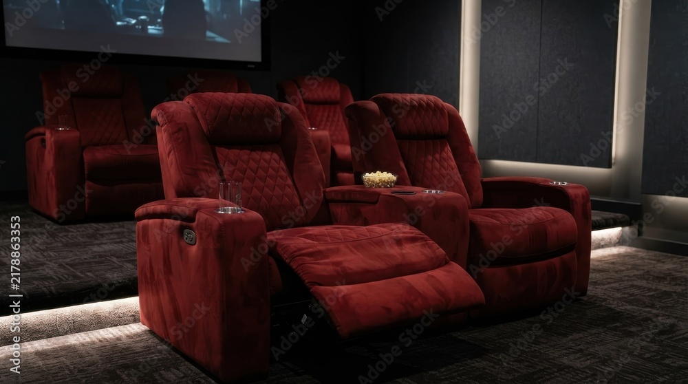 Obraz premium Red velvet cinema recliners in a luxury home theater