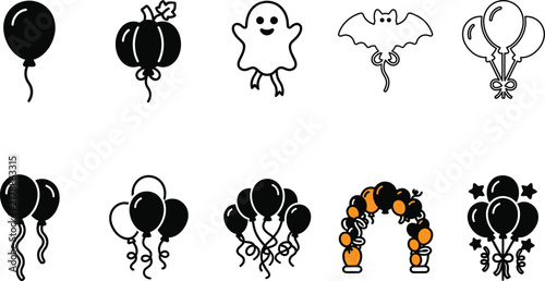 Halloween Balloon Icons Set with Ghost Bat and Pumpkin Shapes