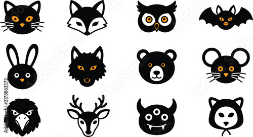 Black Halloween animal head icons set with orange eyes