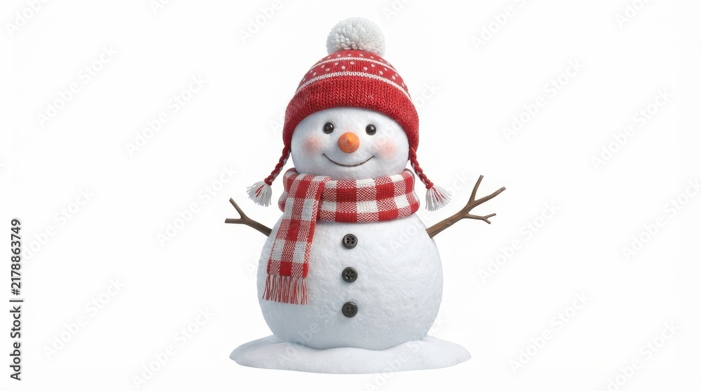Fototapeta premium Cute snowman figurine with red hat and scarf