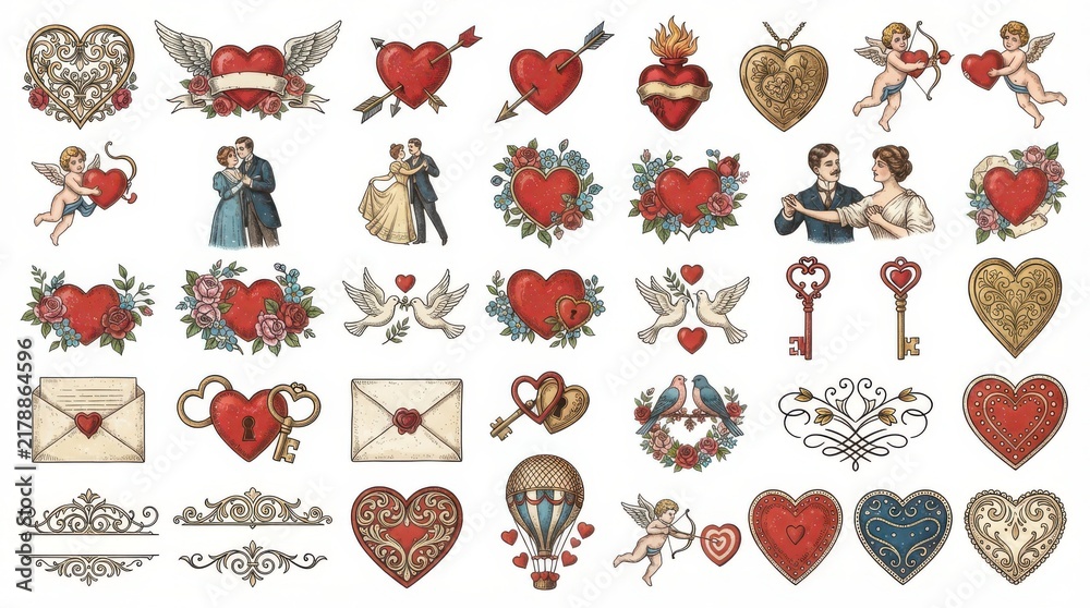 Fototapeta premium Vintage Valentine love elements and romantic symbols illustration set