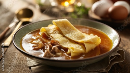 A national dish of Italian cuisine. 
Minestra di Pasqua alla Modenese is an Easter soup from Modena, consisting of meat broth with the addition of sliced egg pancakes. 