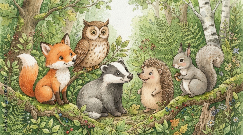 Fototapeta premium Cute cartoon woodland animals together in a forest