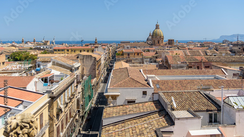 Palermo rooftops with San Giuseppe dome and Mediterranean Sea