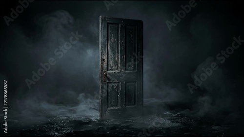 An old wooden door stands upright surrounded by dense fog in the dark. Unlocking deep mystery and supernatural fear in the shadows. Halloween 2026 eerie horror threshold commercial concept.